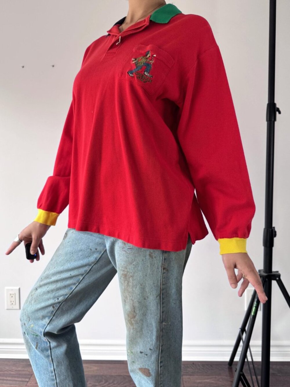 90s vintage Made in Japan red colorblock novelty golf collared cotton shirt - Picture 3 of 9